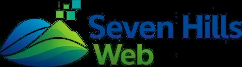 Seven Hills Web logo featuring a blue swoosh and green hill with website icon