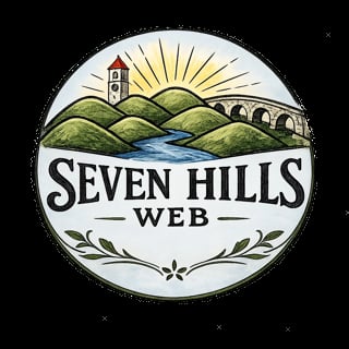 Seven Hills Web logo featuring green rolling hills, a stream, church tower, bridge, and rising sun on a circular badge