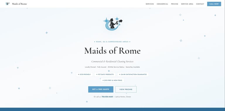 Maids of Rome website homepage featuring their logo and tagline, with navigation menu and call-to-action buttons for booking cleaning services