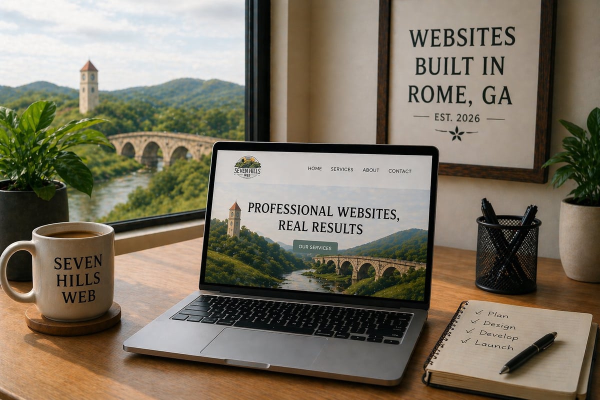 Laptop displaying Seven Hills Web website on wooden desk with coffee mug, framed sign, plants, and notepad overlooking scenic Rome Georgia landscape